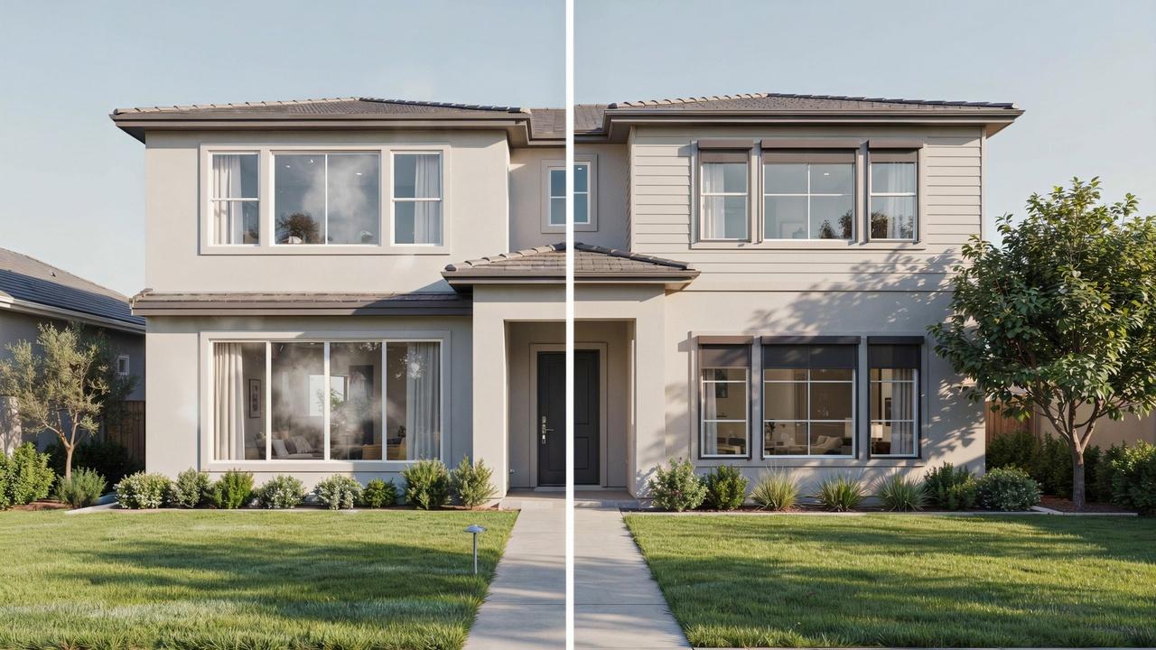 Split-screen image of a modern home showing windows before and after installing solar screens, highlighting reduced glare and improved shade.