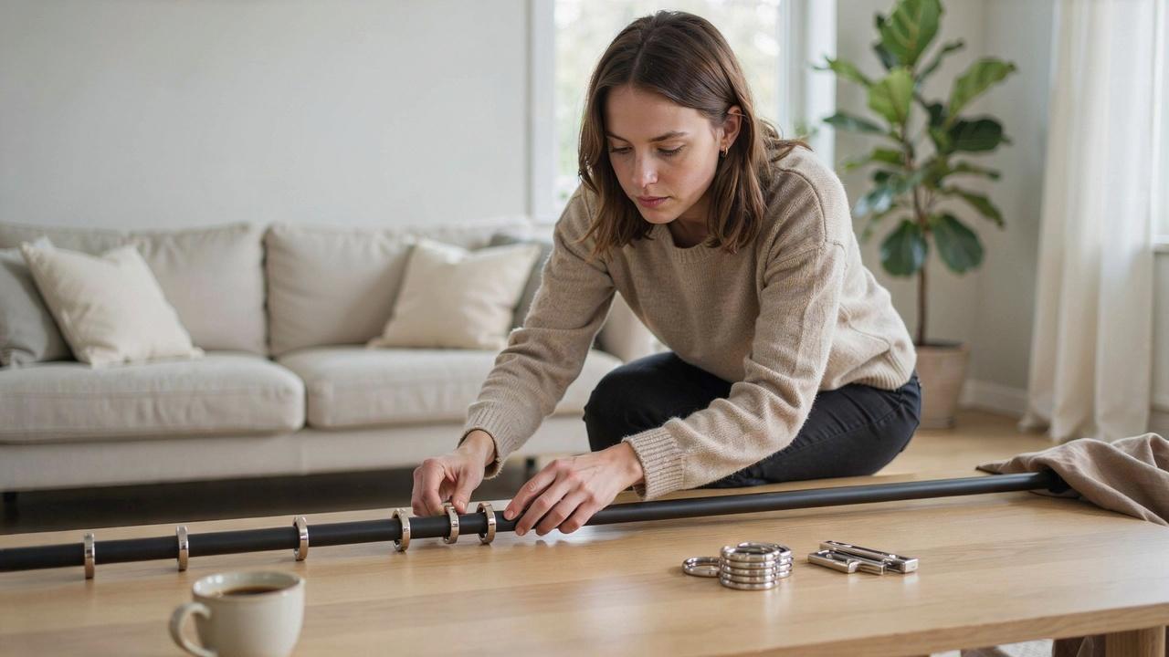 A person sliding curtain rings onto a curtain rod in preparation for hanging the curtains.