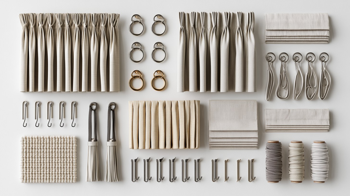 An illustration showing different curtain heading styles matched with their corresponding curtain hooks, organized in a clean grid layout.