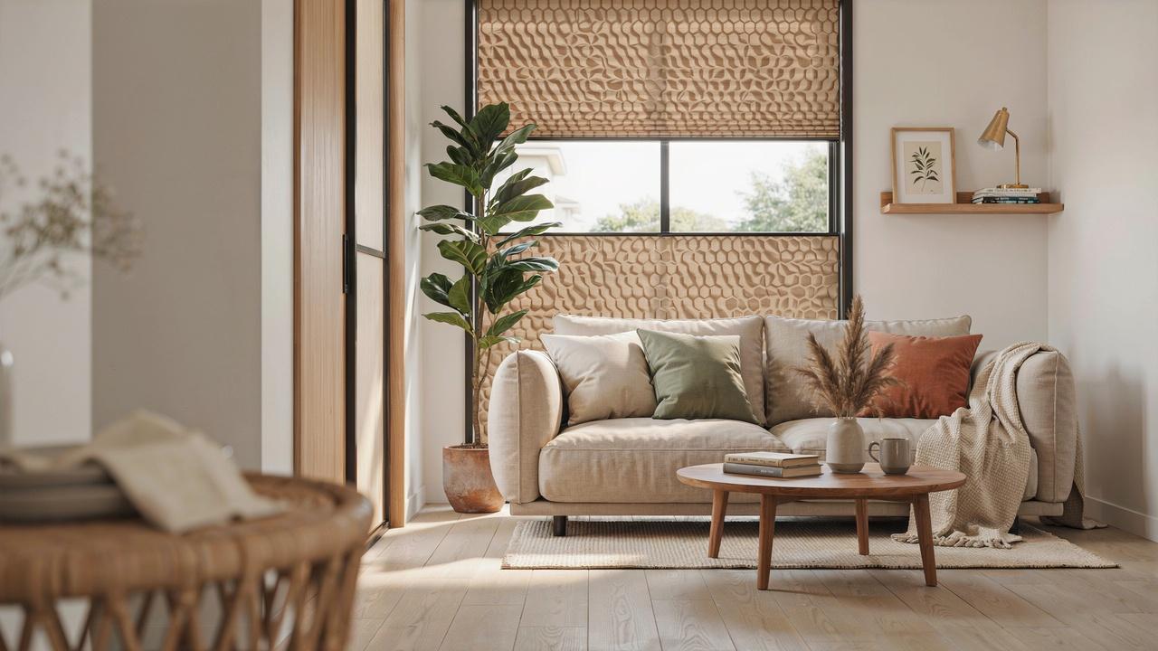 Woman adjusts top-down bottom-up cellular shade next to solar shade in sunlit living space.