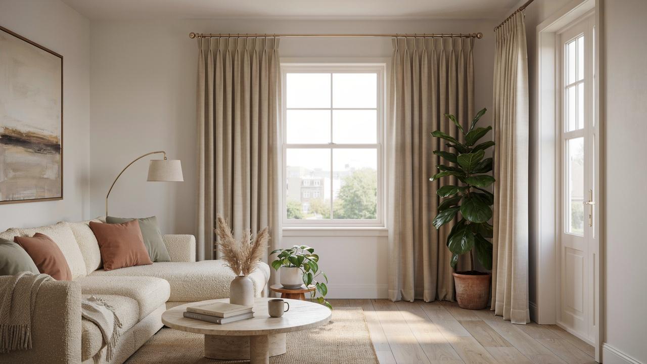 Modern living room featuring a standard-sized window dressed with classy full-length curtains and balanced proportions.