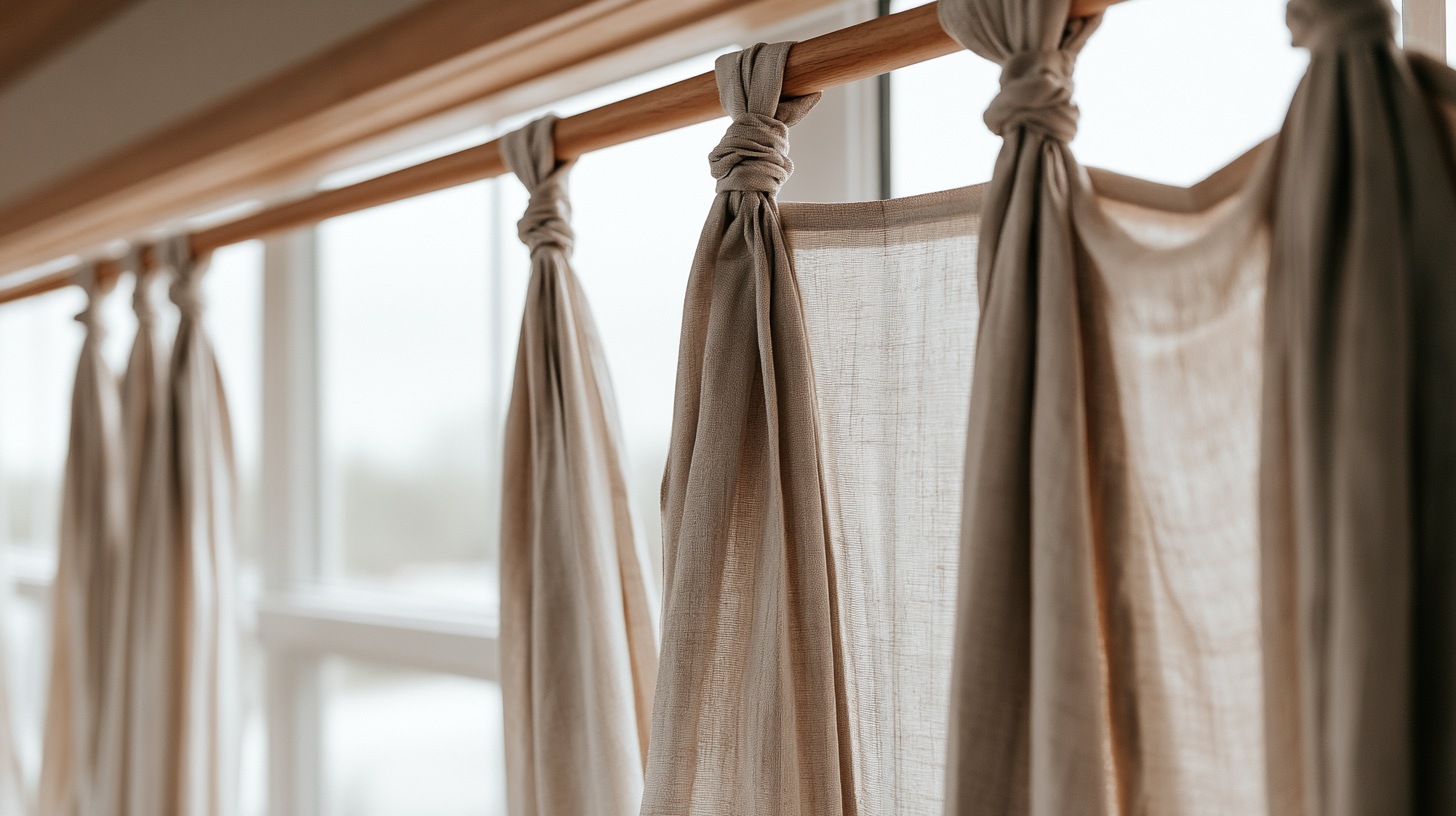 Tie top curtain tops hanging from a wooden rod, soft linen fabric with fabric ties gently knotted at the top.