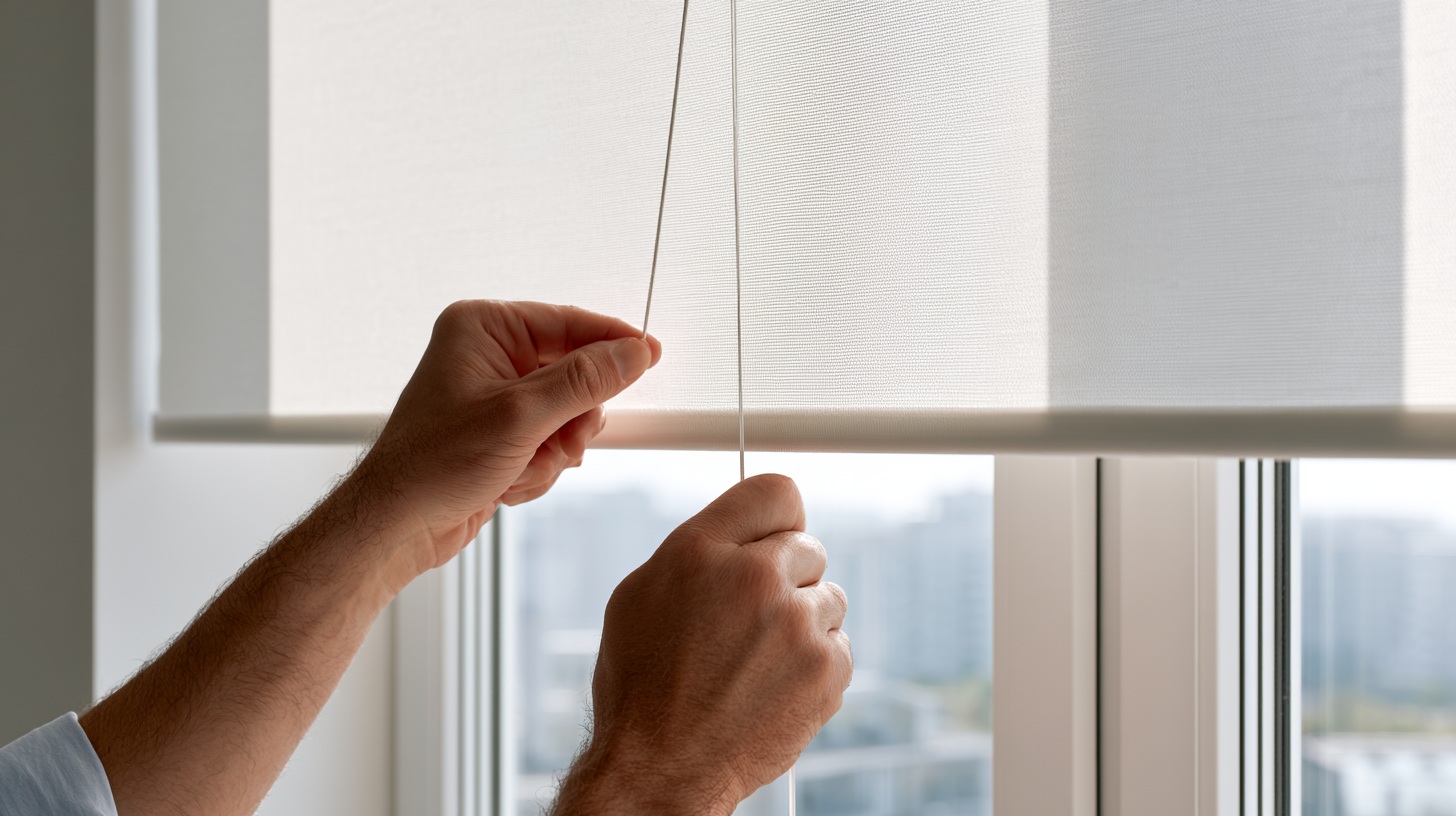 Person pulls the blind cord to raise window blind to desired height inside home.
