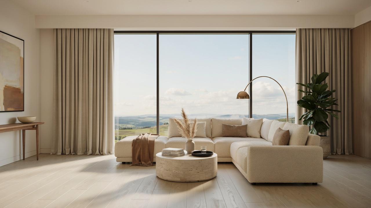 Luxurious living room featuring an extra-wide picture window framed by classy floor-to-ceiling curtains and panoramic views.