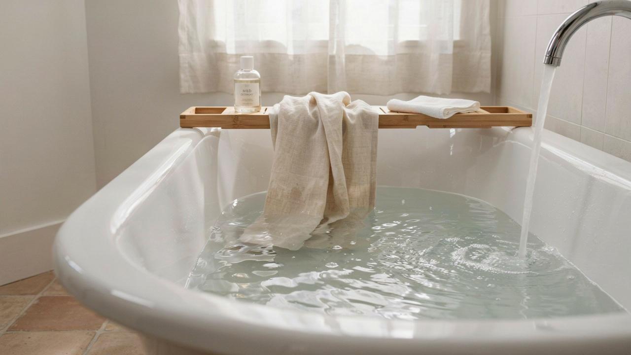 Beige linen curtains soak in bathtub with mild detergent and water for deep cleaning wash