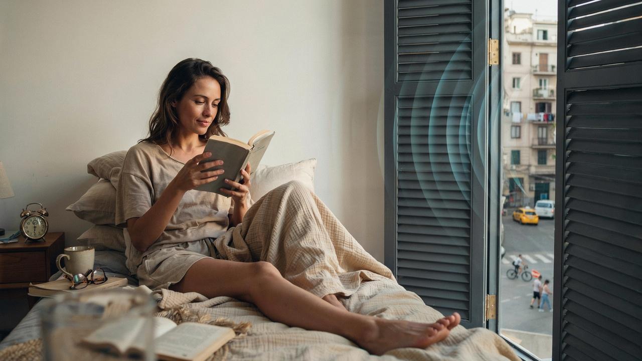 A girl reading a book in her room with an open window of soundproof shutters.