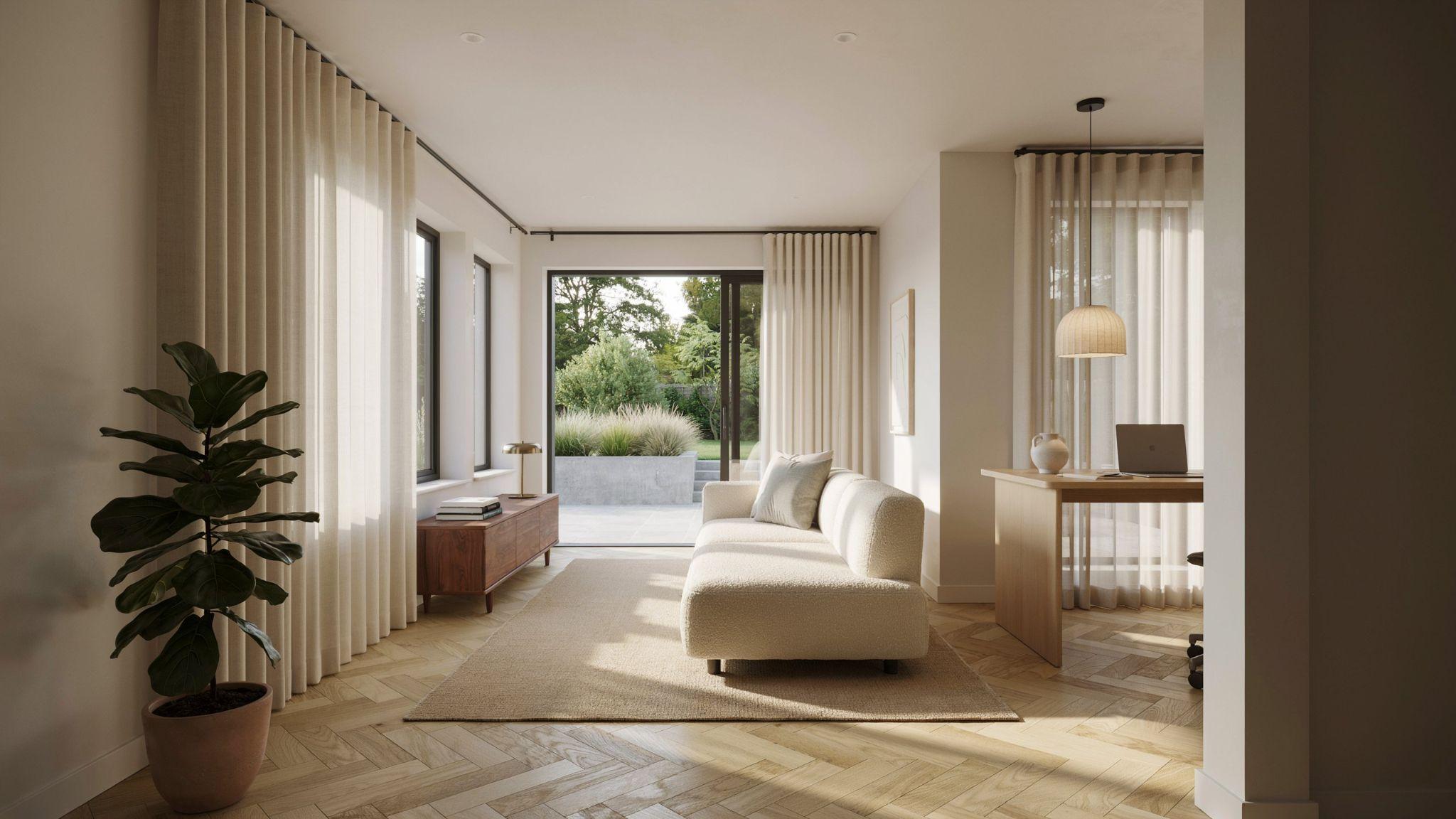 Modern fabric vertical blinds on sliding doors, patio doors, large windows, and home office spaces.
