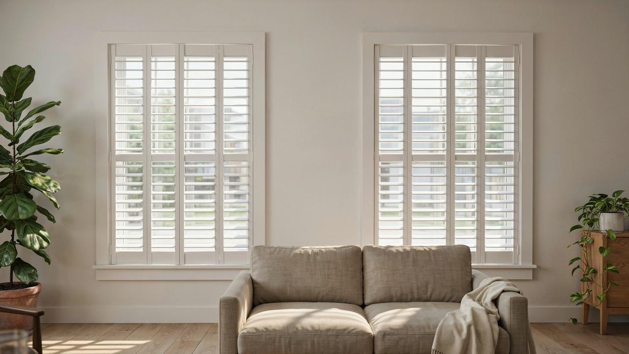 Side-by-side comparison of inside mount and outside mount plantation shutters in a modern living room.