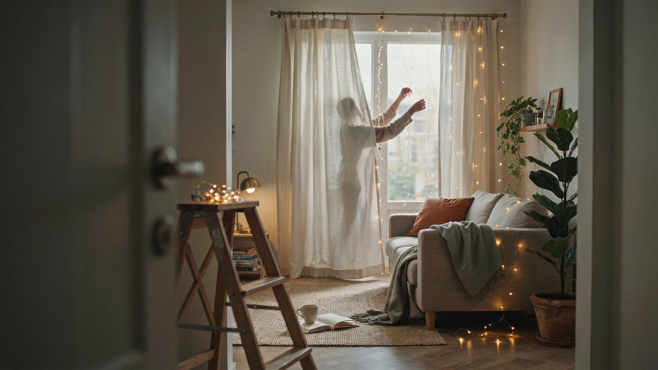 Warm white curtain lights being installed on a window in a cozy modern room with a soft glowing ambiance.