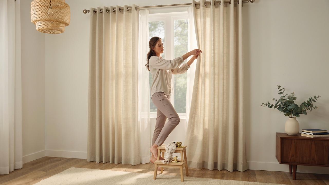 A person arranging newly hung curtains into neat pleats and folds for a polished finish.