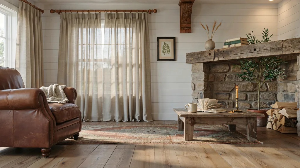 rustic farmhouse interior with wooden corbel brackets supporting curtain rod warm cozy natural wood texture scene.