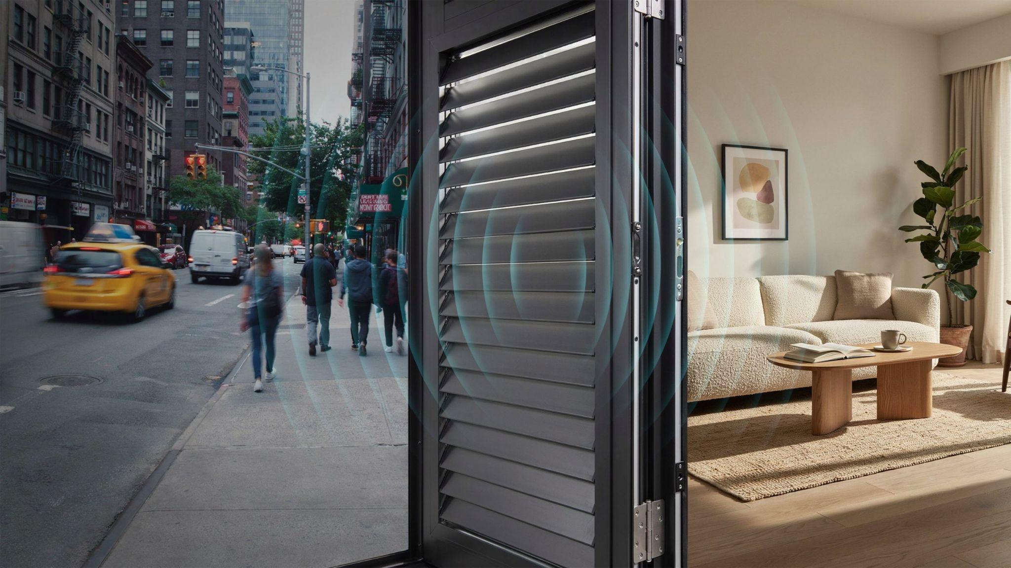 Soundproof shutters on a window separating a noisy street outside from a quiet and peaceful indoor space.