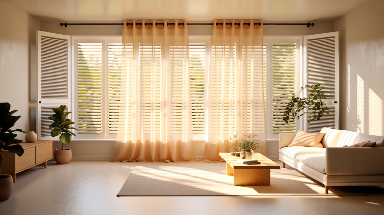 Bright modern room with plantation shutters and sheer curtains creating a soft, airy, and sunlit interior atmosphere.