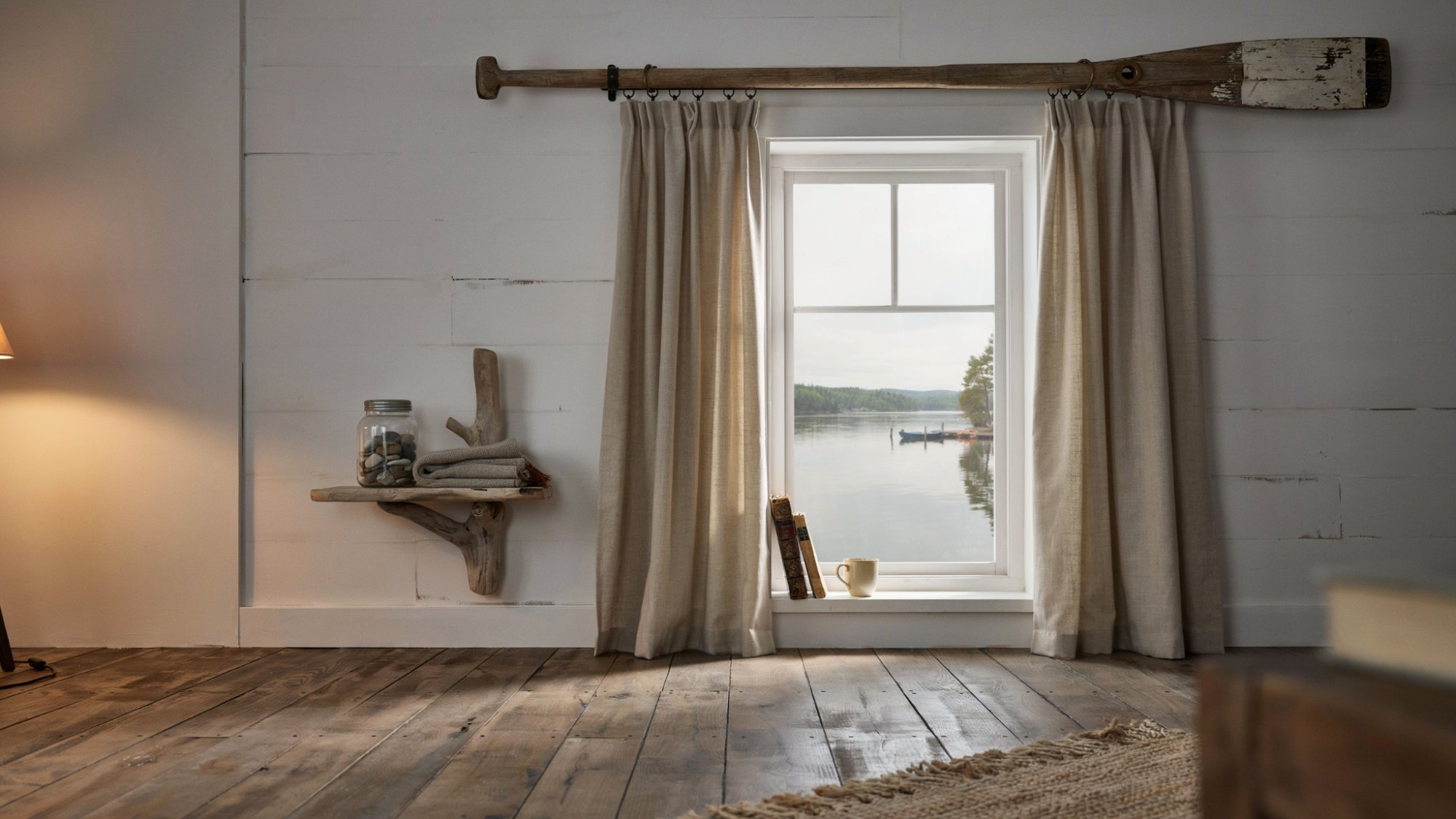 lake house interior with wooden oar curtain rod rustic nautical decor warm lighting realistic wood texture scene.