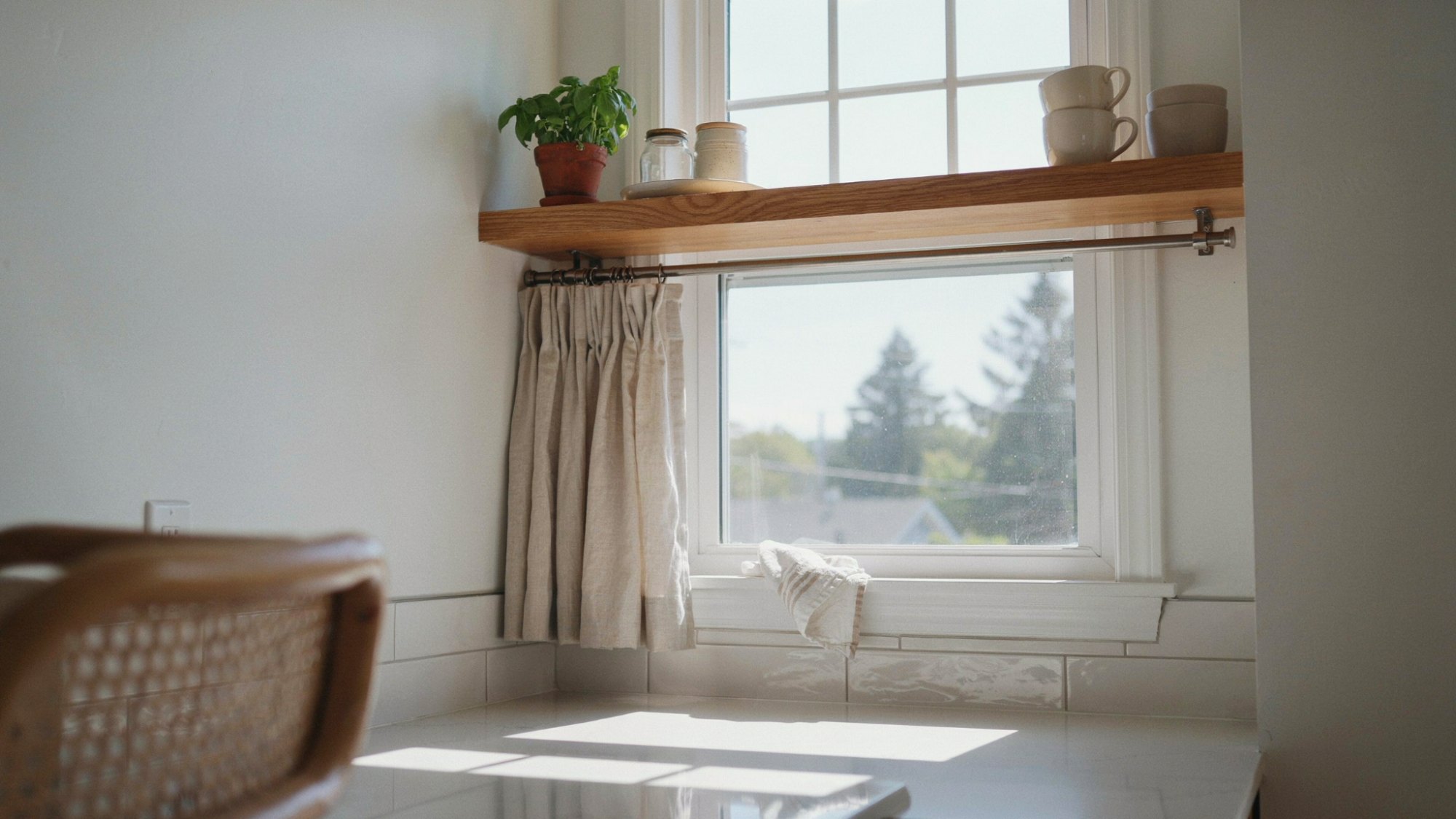 kitchen window with shelf and integrated curtain rod functional DIY modern interior bright natural light scene.