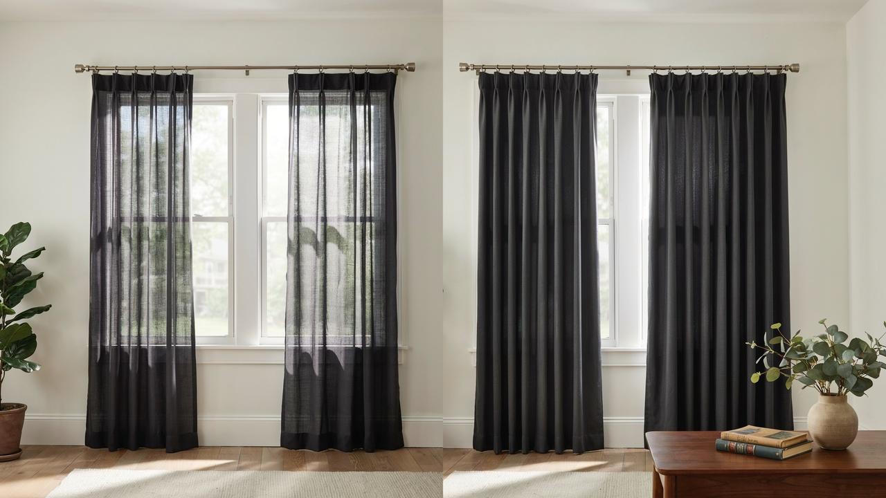 Comparison of black curtains and blackout curtains highlighting differences in light blocking, insulation, and heat control.