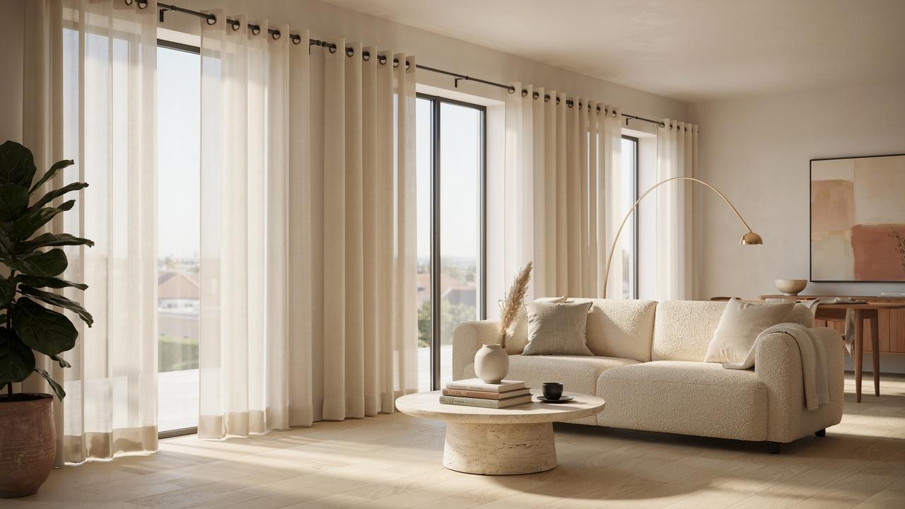 Modern living room with elegant grommet curtains and sleek décor creating a contemporary, sophisticated look.