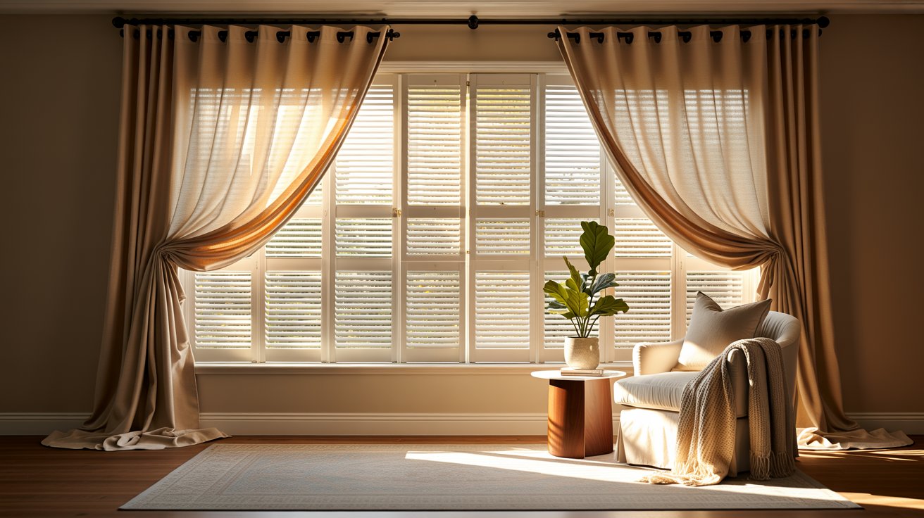 Classy living room window featuring white plantation shutters paired with soft beige curtains in a modern home interior.