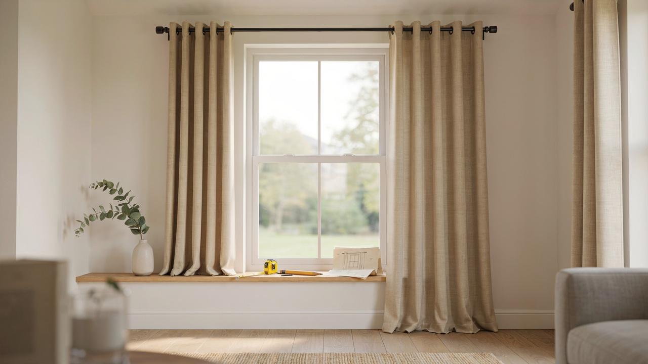 Window with curtain rods mounted above the frame and floor-length curtains illustrating the ideal curtain rod height.