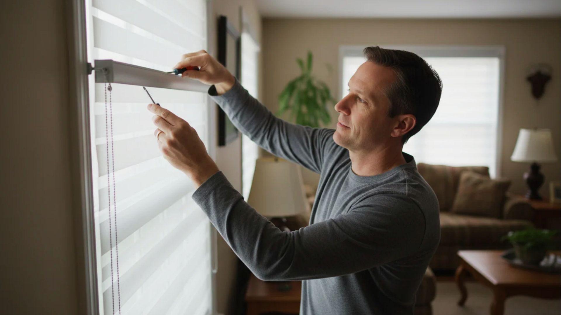 Man detaching motorized cellular shade headrail from window brackets with screwdriver in hand