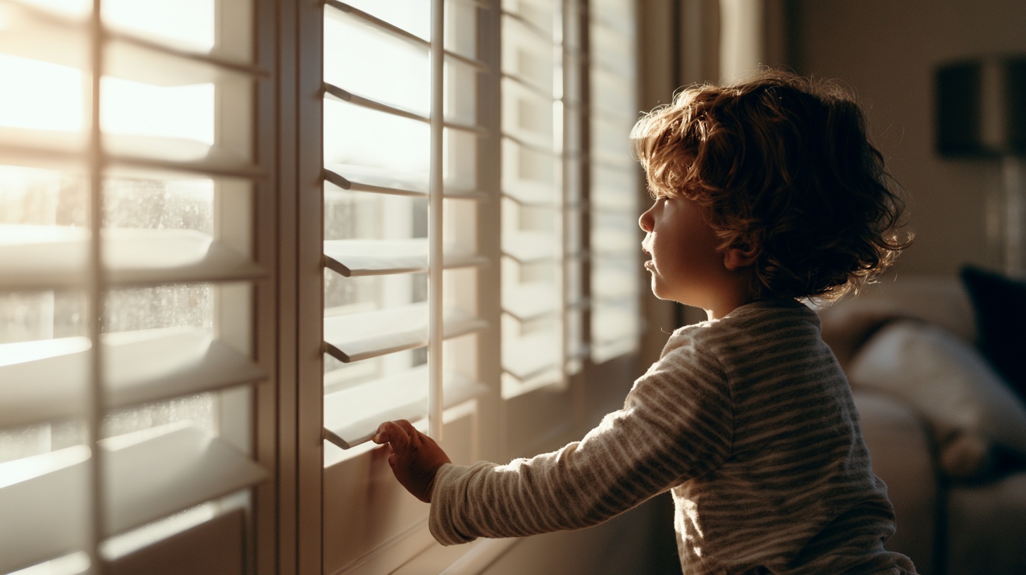 Young child touching white plantation shutters at home.