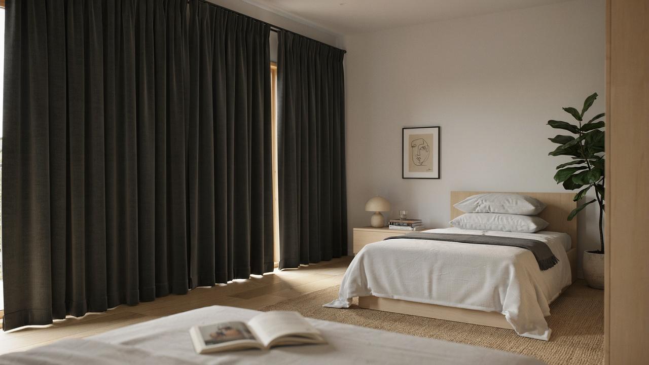 Modern bedroom with black curtains covering a sunlit window, showing how curtain fabric and lining affect indoor heat and comfort.