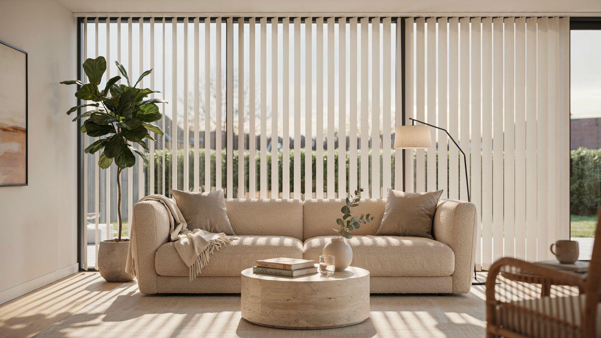 Modern living room featuring stylish vertical blinds with contemporary décor and abundant natural daylight.