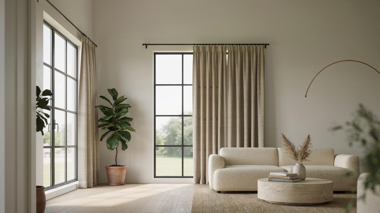 Modern living room showing a side-by-side comparison of one-panel and two-panel curtain arrangements on classy windows.