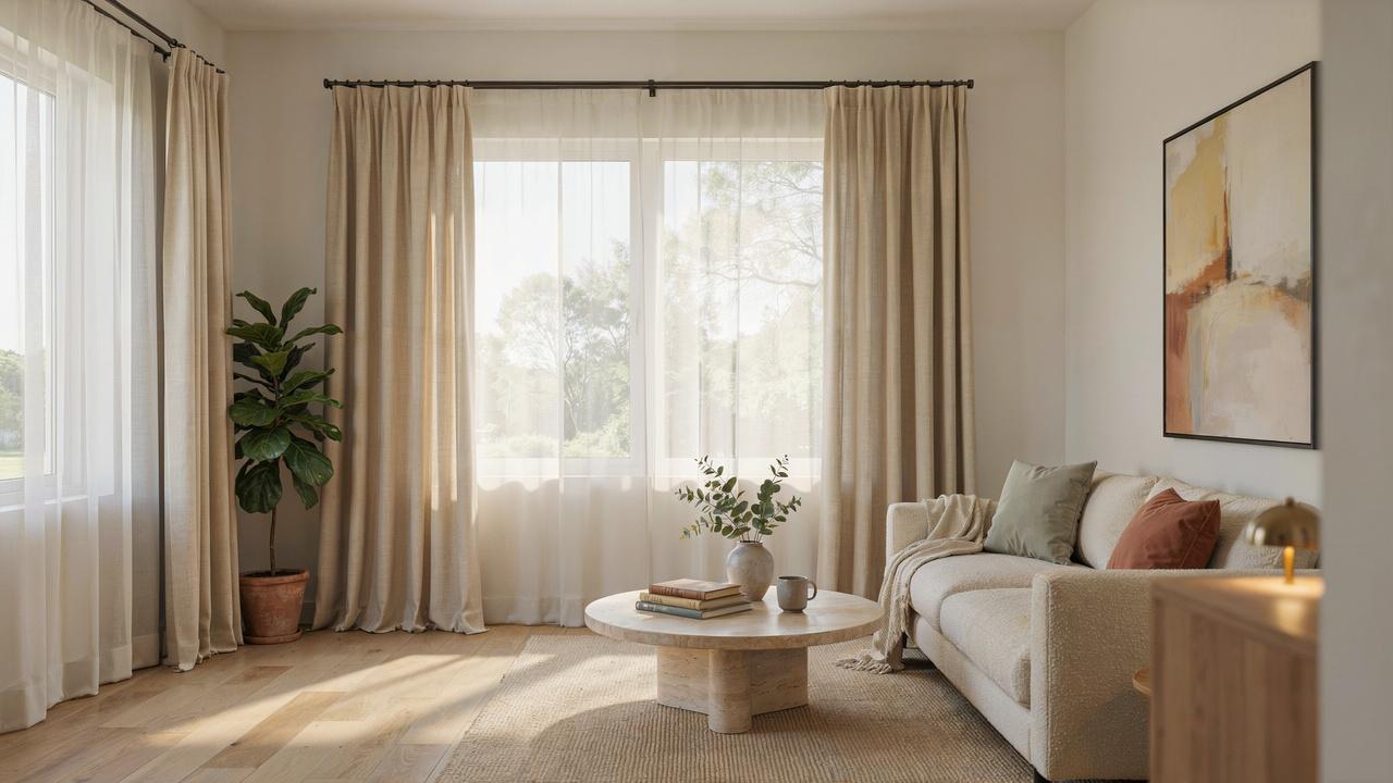 Modern living room with curtain rod mounted high above the window to create the illusion of taller ceilings and larger windows.