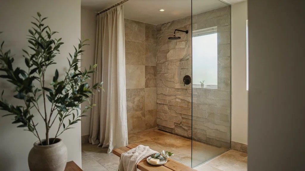 Warm and inviting walk-in shower with a neutral beige curtain and soft-toned finishes.
