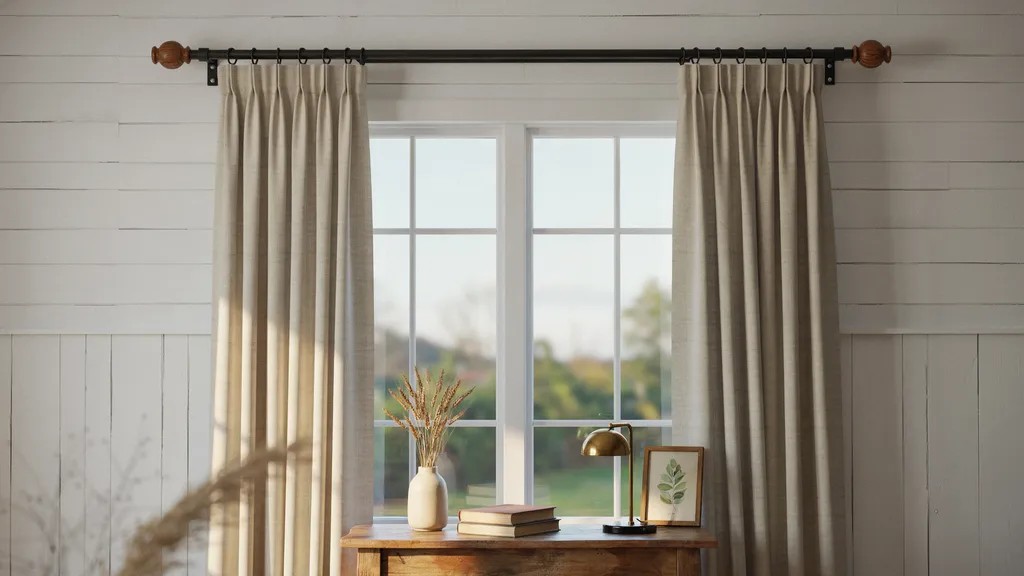 modern rustic room with metal pipe curtain rod and wooden end caps combining industrial and natural design stylish interior window setup.