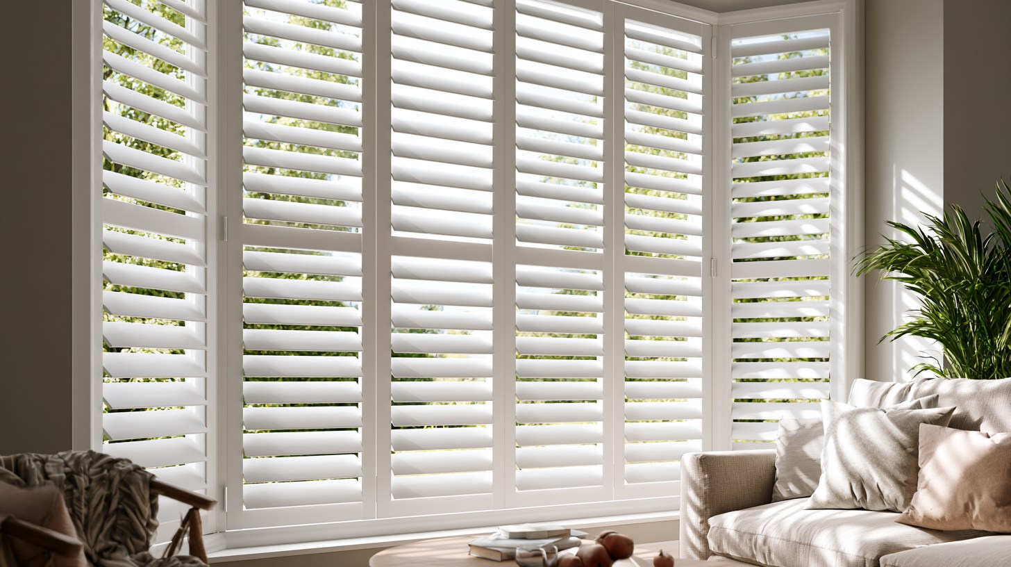 White plantation shutters with wide slats on a bright bay window.