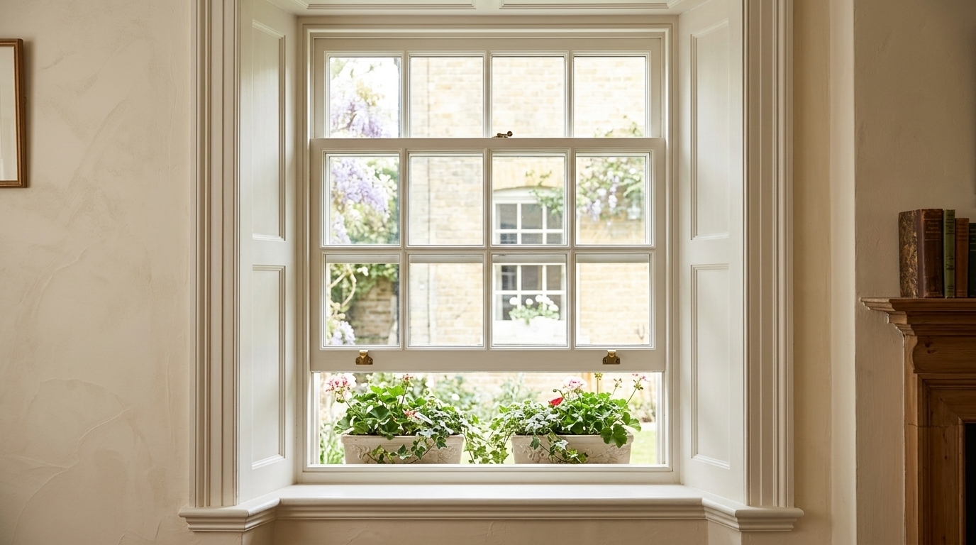 Double-hung window with both movable sashes open.