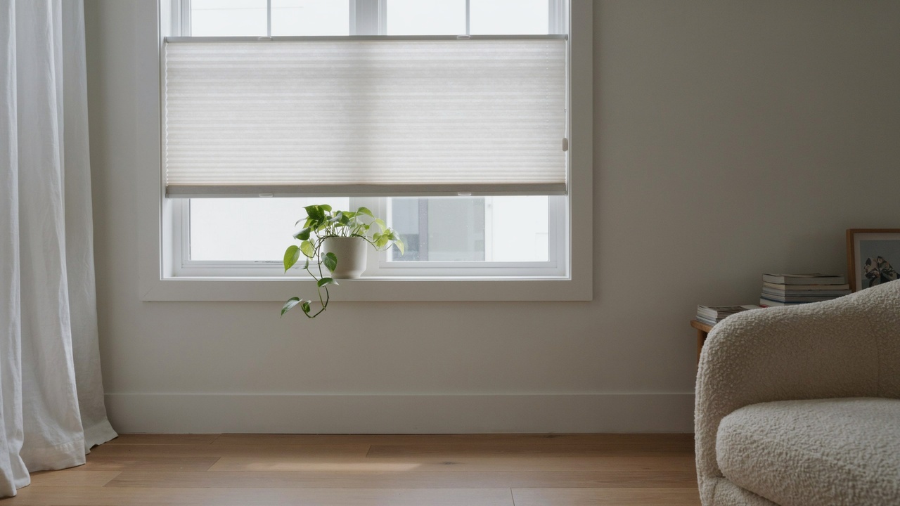 Cordless cellular blinds stuck halfway on a modern window.
