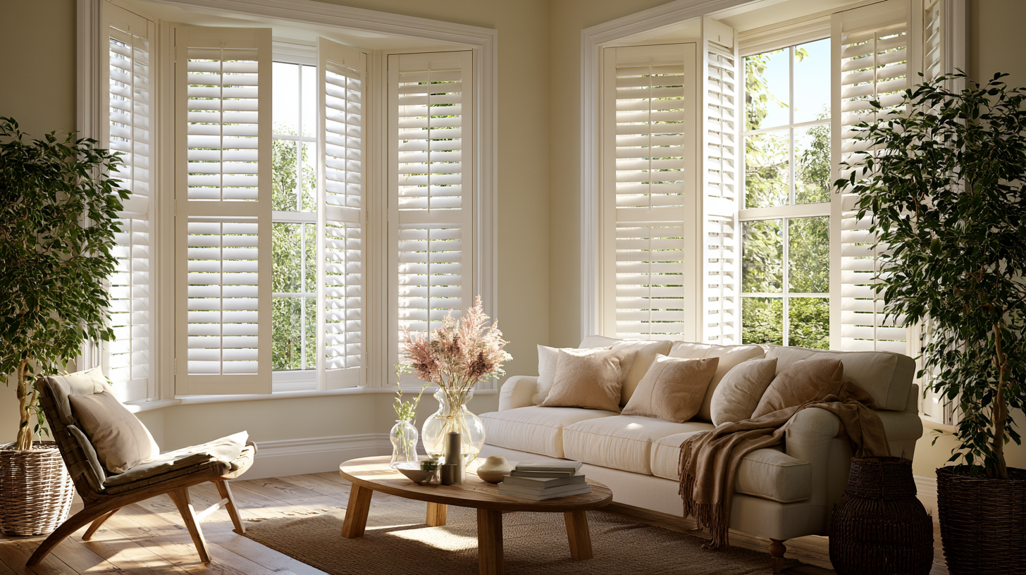 White plantation shutters on large bay windows in a bright, cozy living room.