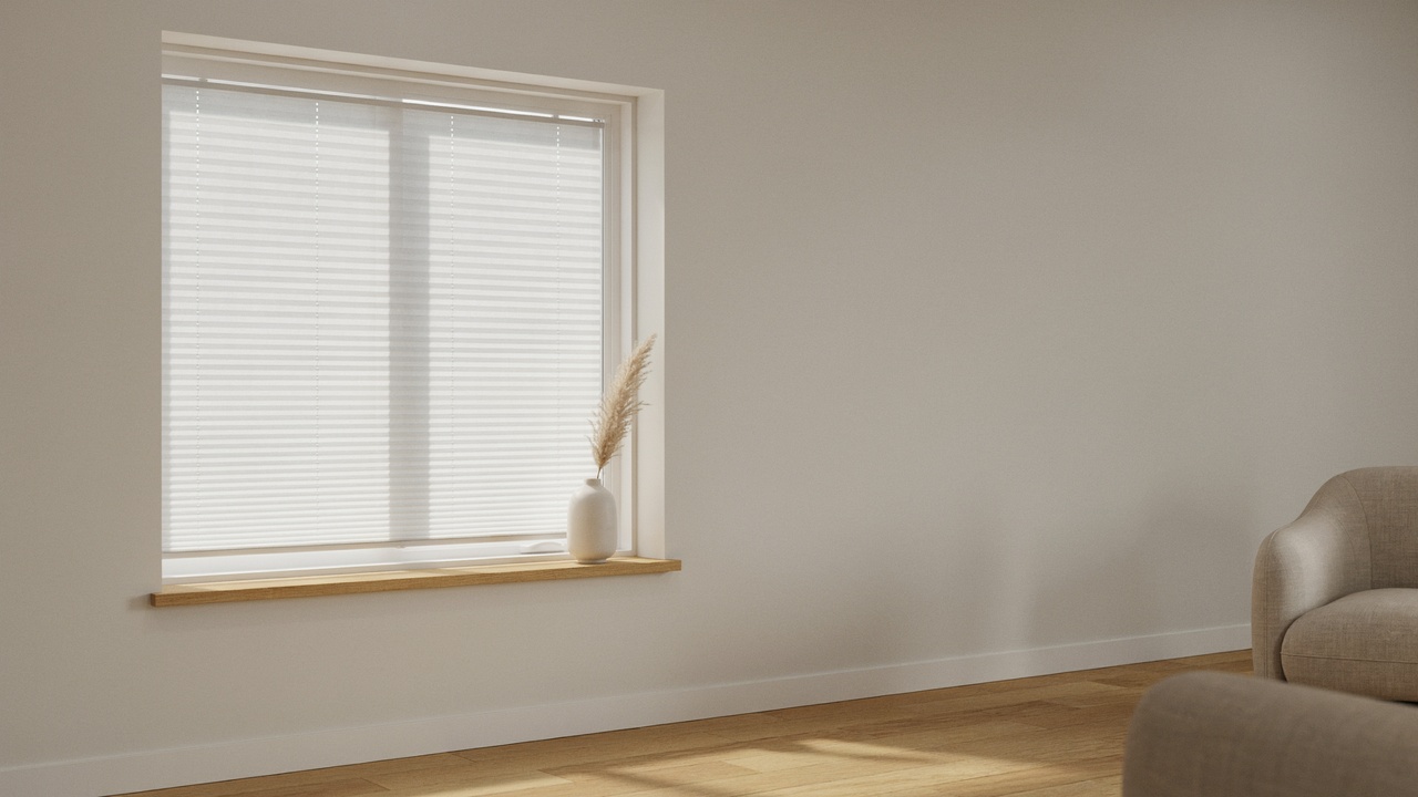 Cordless blinds fully lowered on a modern window.
