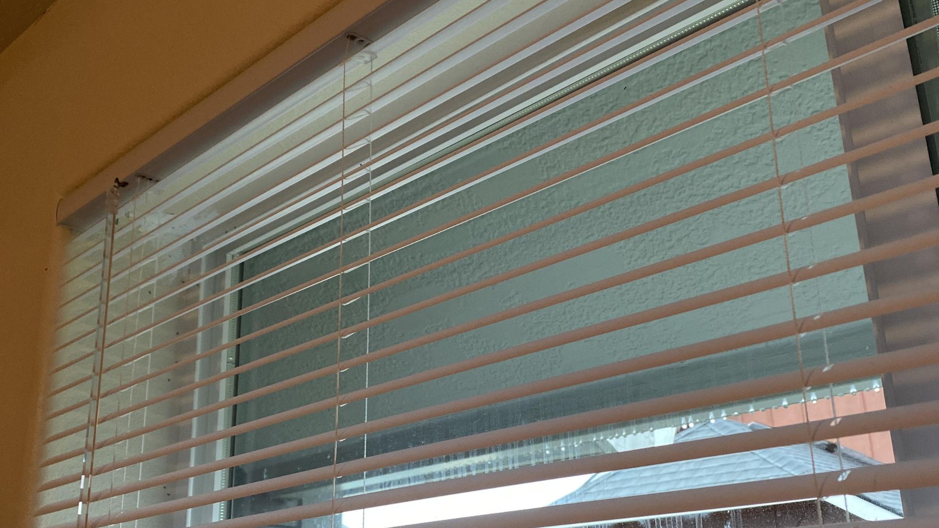 White horizontal blinds partially open on a window, revealing an exterior wall and patio umbrella outside.