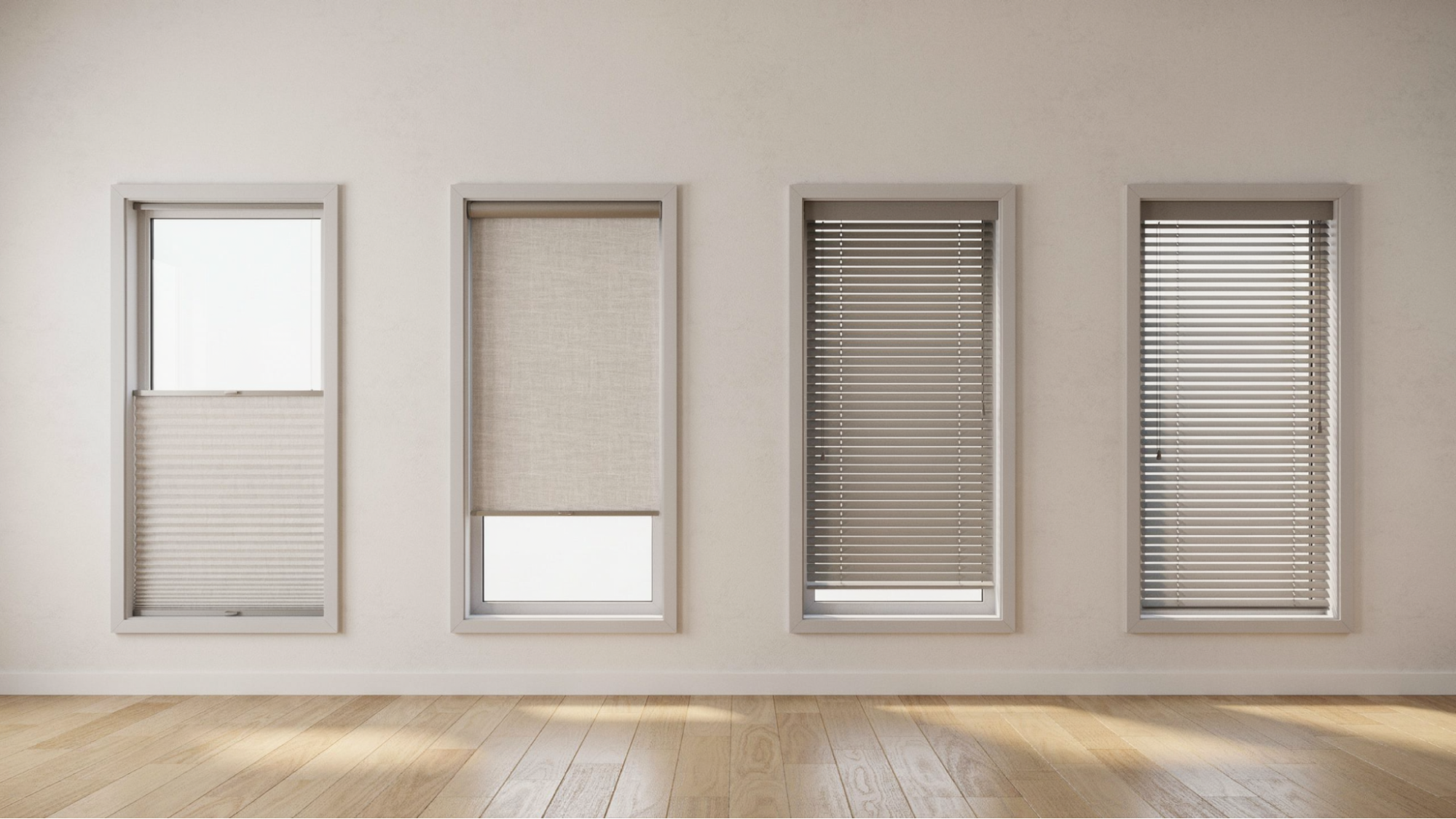 Comparison of cellular, roller, faux wood, and mini cordless blinds.
