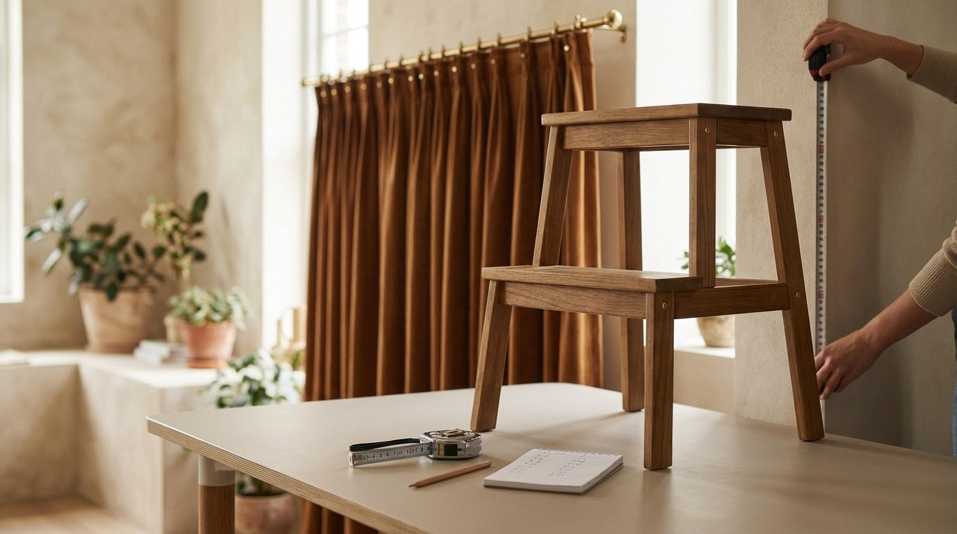Person measuring wall height beside wooden step stool on table near brown velvet curtains on brass rod