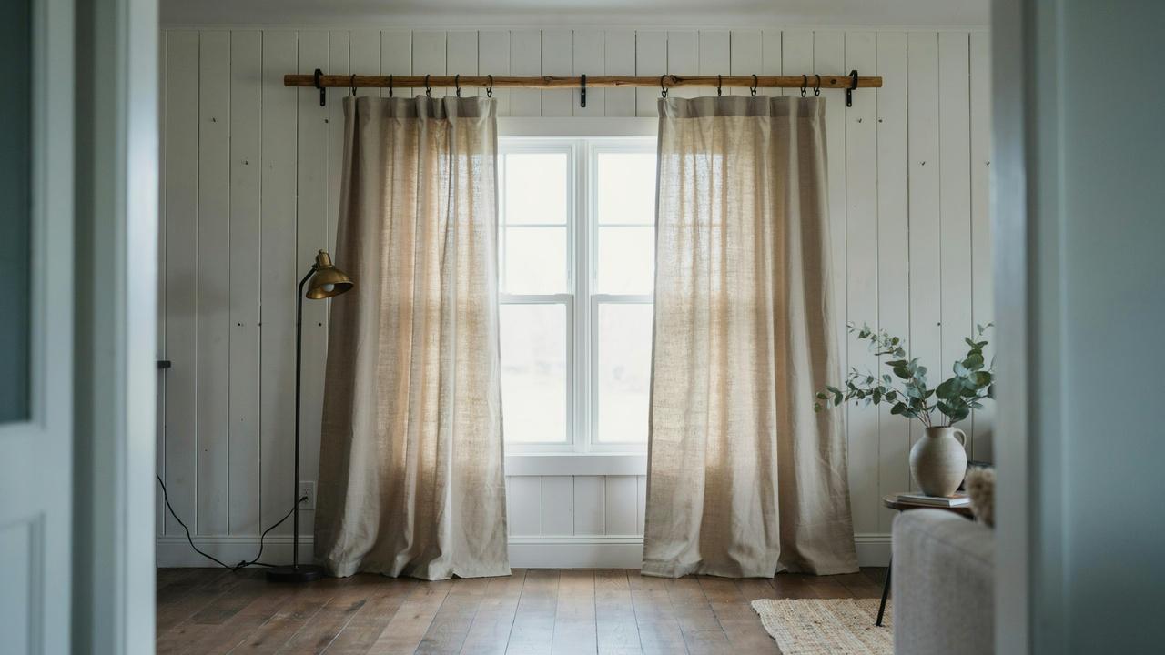 Rustic reclaimed wood curtain rod mounted on standard wall brackets.