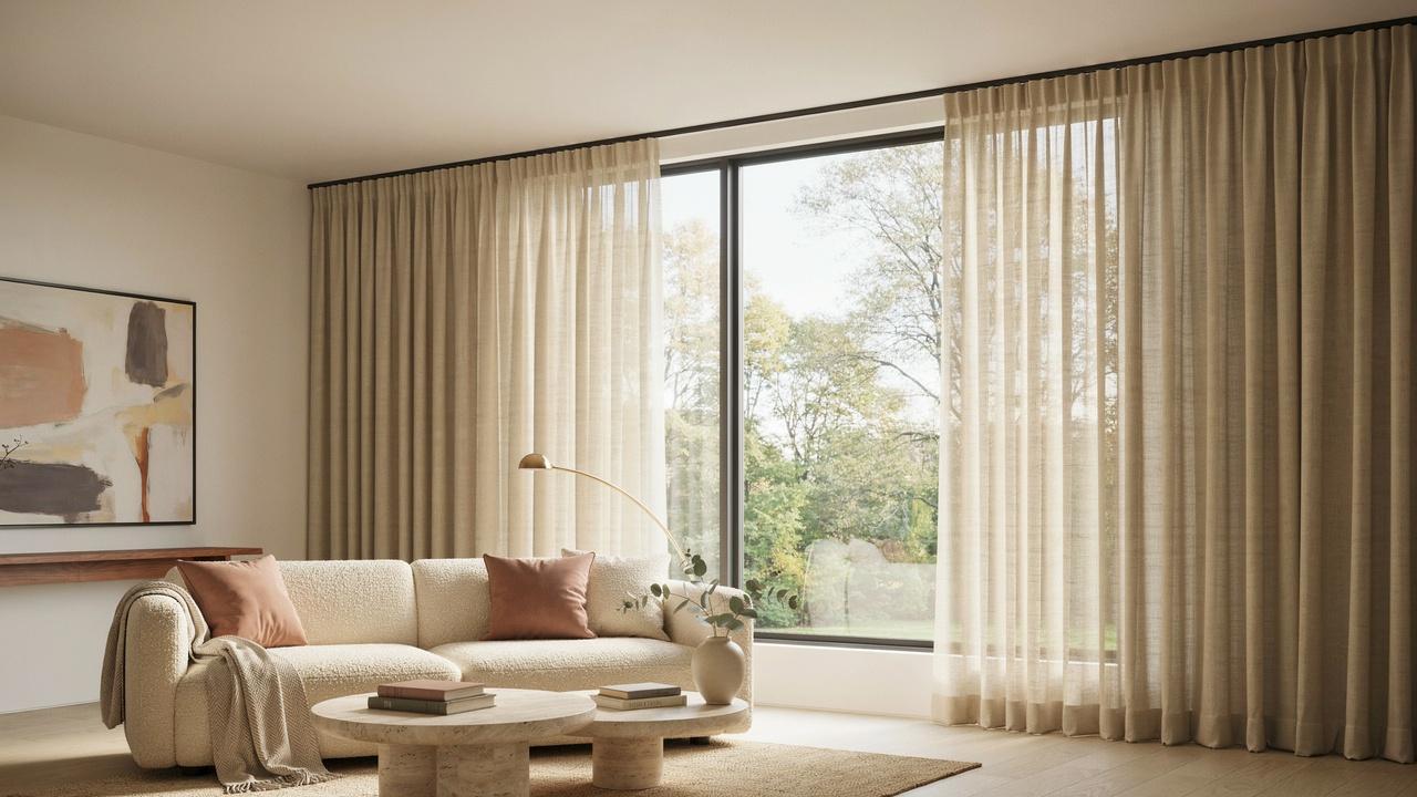 Ceiling-mounted curtain rod supporting floor-to-ceiling curtains in a modern room.