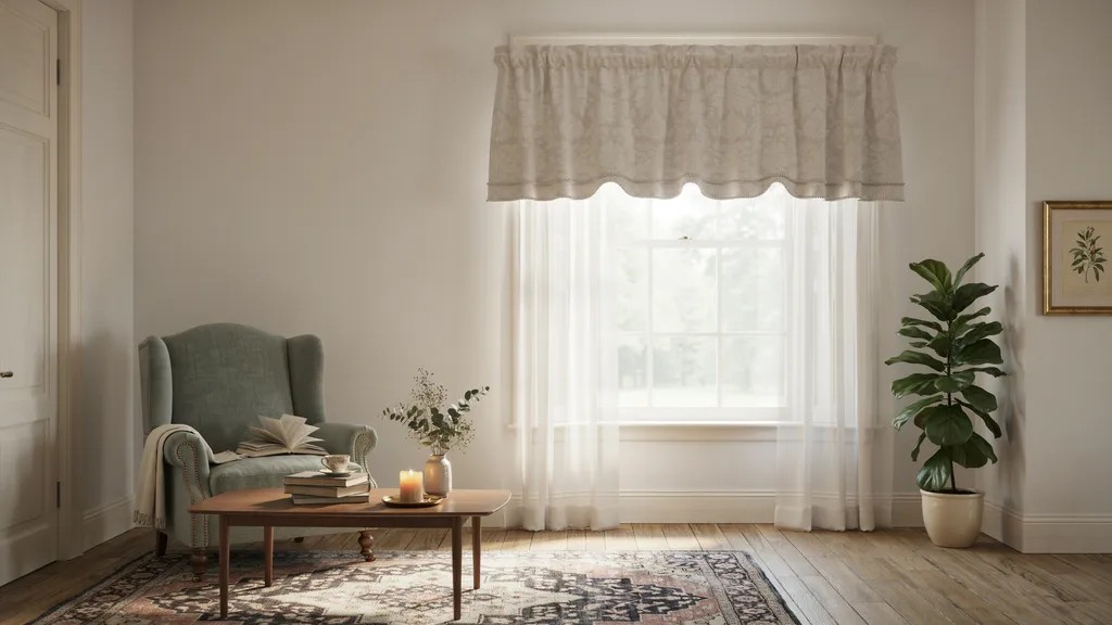 Decorative valance curtain covering the upper portion of a window.