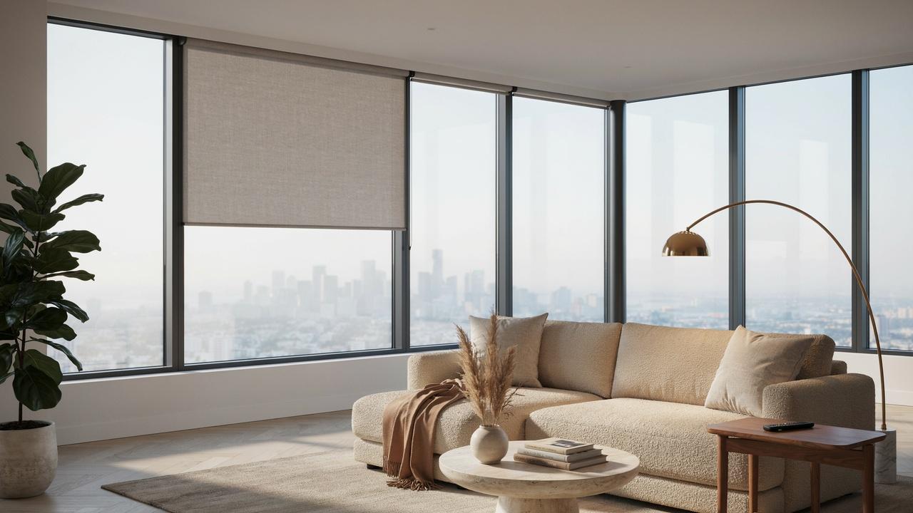 Motorized cordless roller blinds on large modern windows with a remote control.