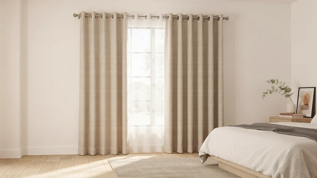 Modern grommet curtains with metal rings and evenly spaced folds.