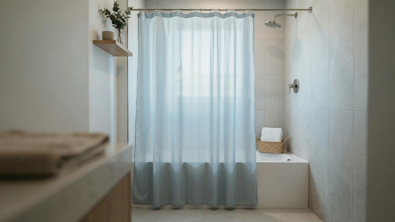 Close view of a PEVA shower curtain in a clean modern bathroom.