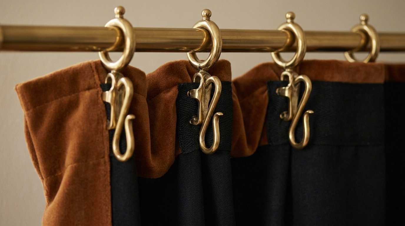 Antique brass drapery hooks and rings on gold rod holding brown velvet curtains with black lining
