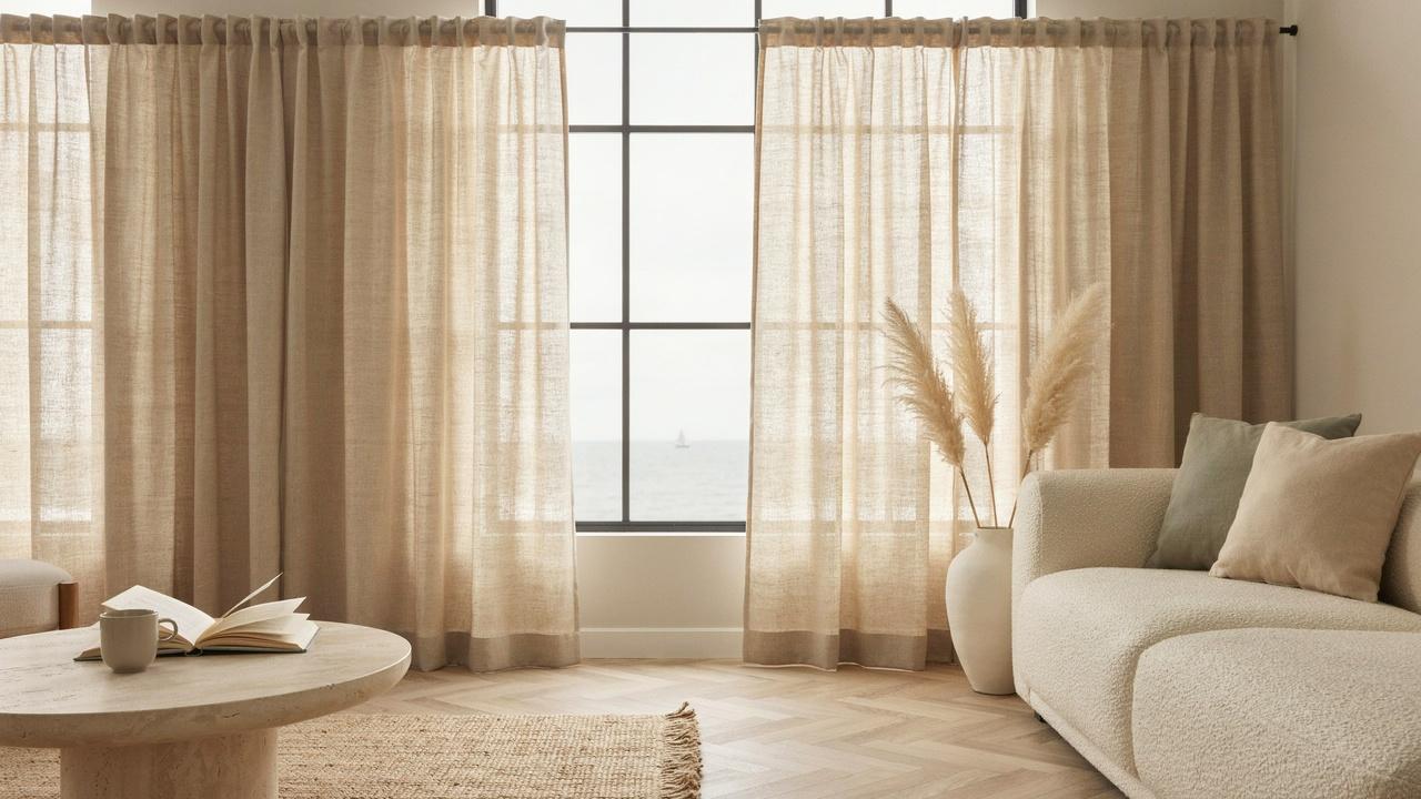 Textured linen curtains softly filtering light in a natural-style room.