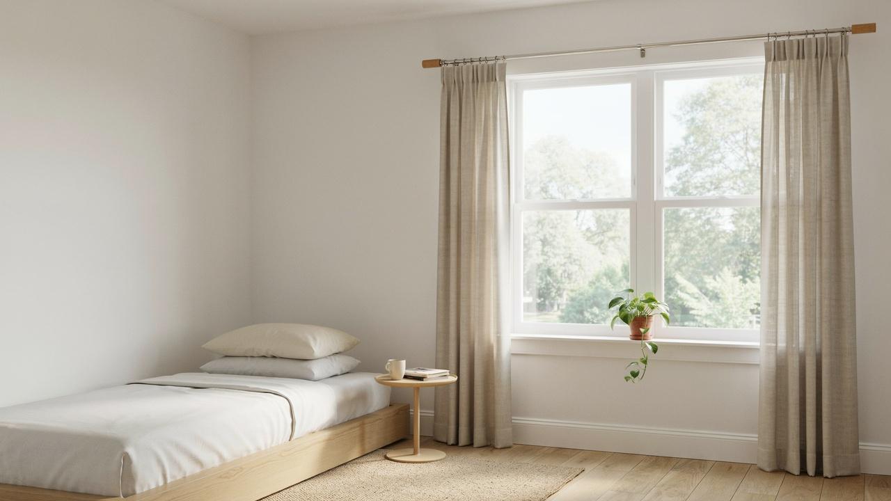 No-drill DIY curtain rod using a tension rod and adhesive hooks.