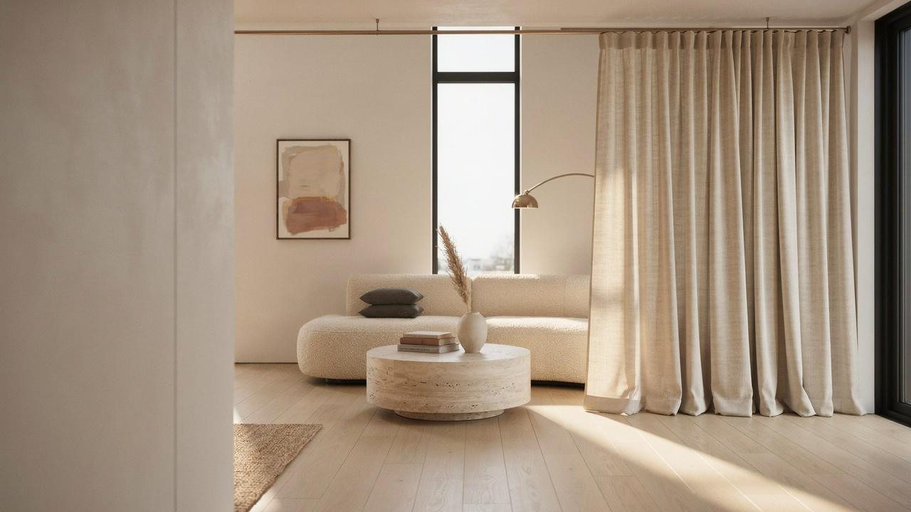 A single curtain panel covering one side of a modern window.