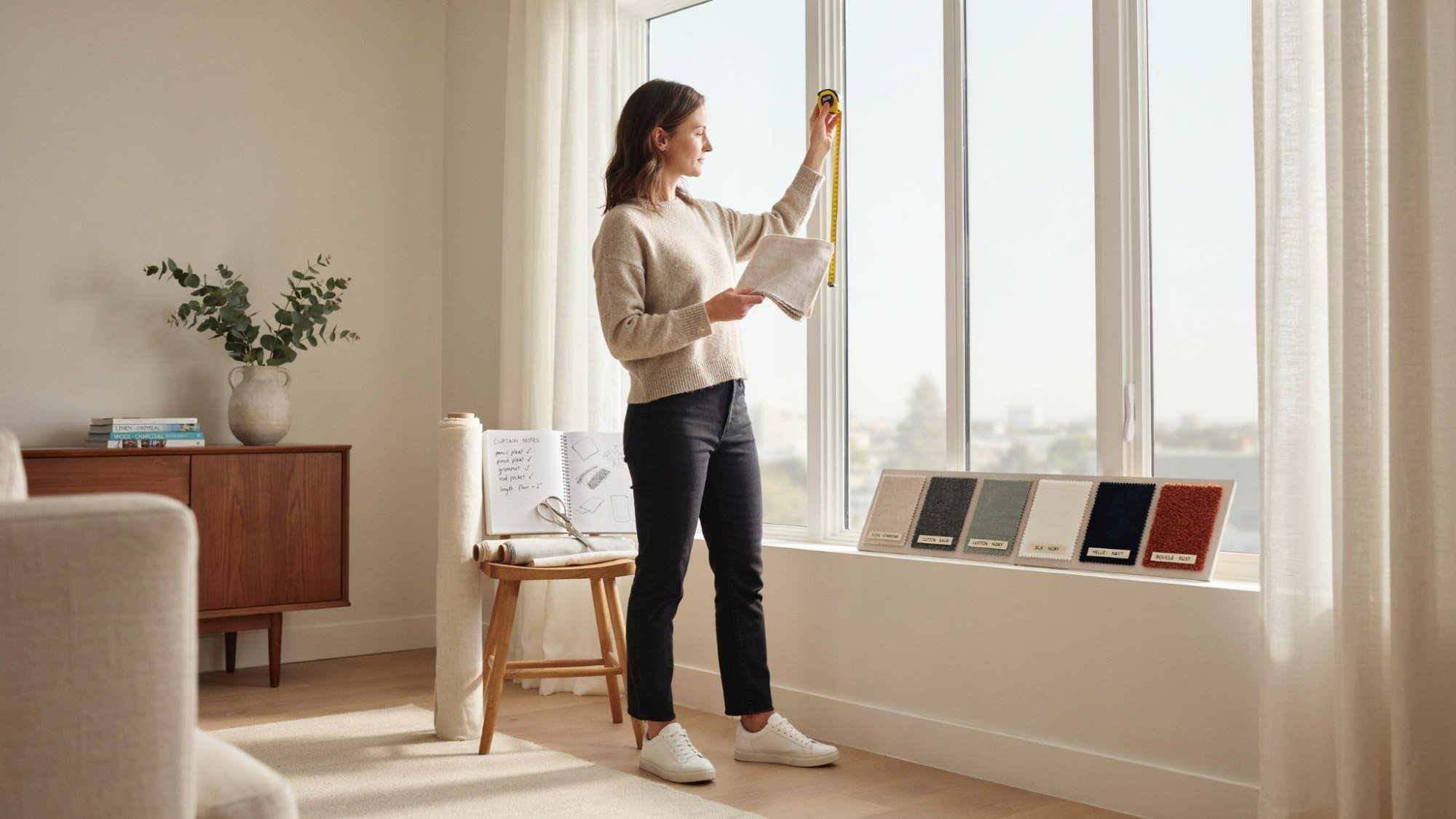 Homeowner comparing curtain fabrics, sizes, and styles beside a window.